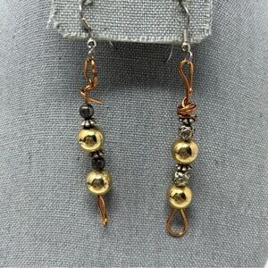 Handmade Swirl Wire Gold Tone Beaded Long Dangle Earrings with Rose Beads